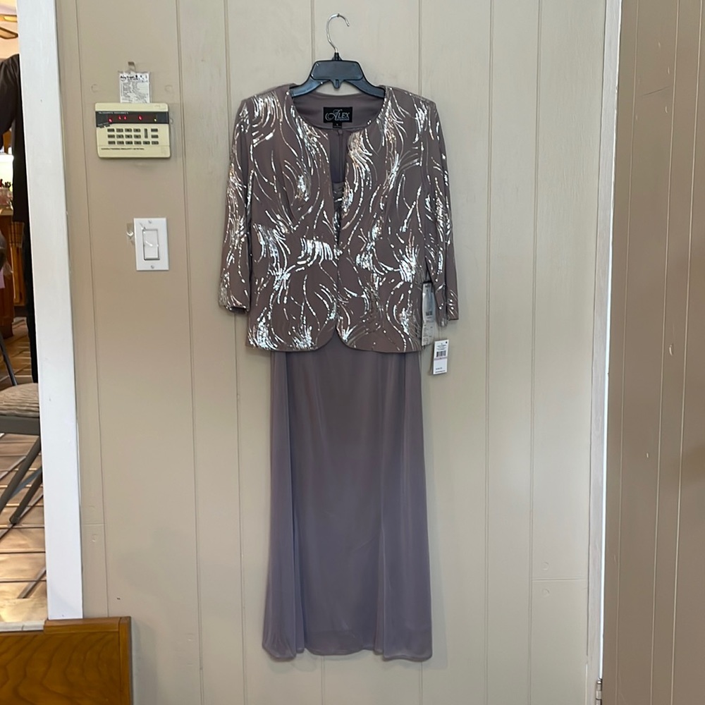 Taupe (Pewter frost) 2 piece dress. Tank top, top with sequin jacket.